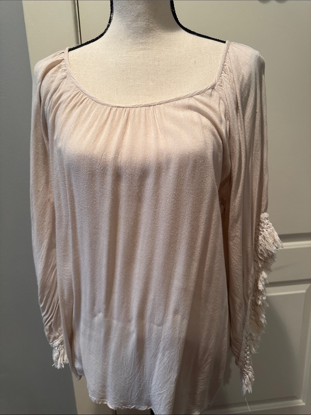 Boho Fringe Trim Tunic Top in Soft Cream